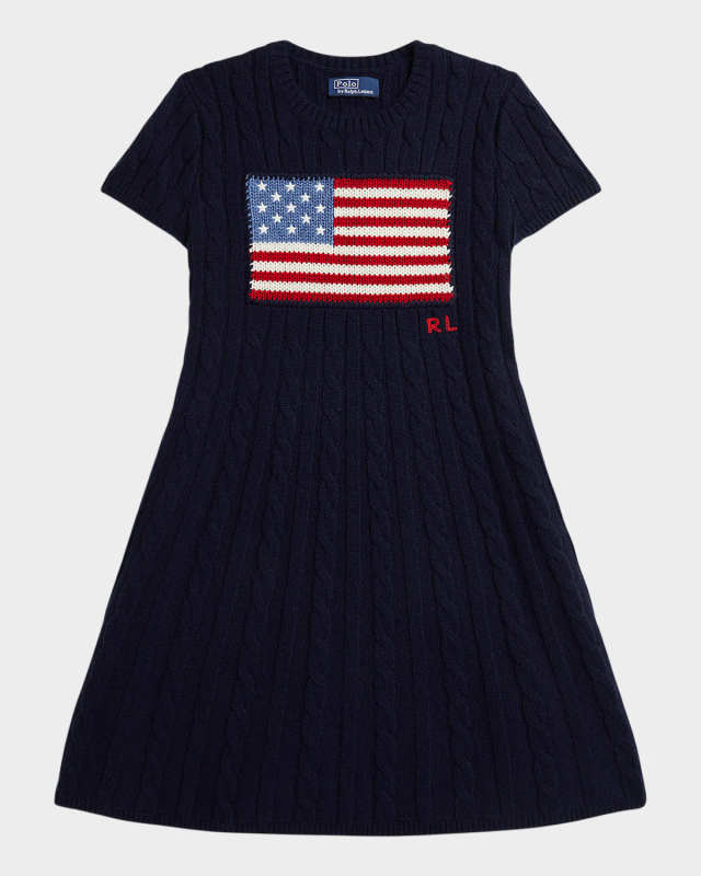 Girl's American Flag Cashmere Cable Knit Dress, Size S-
